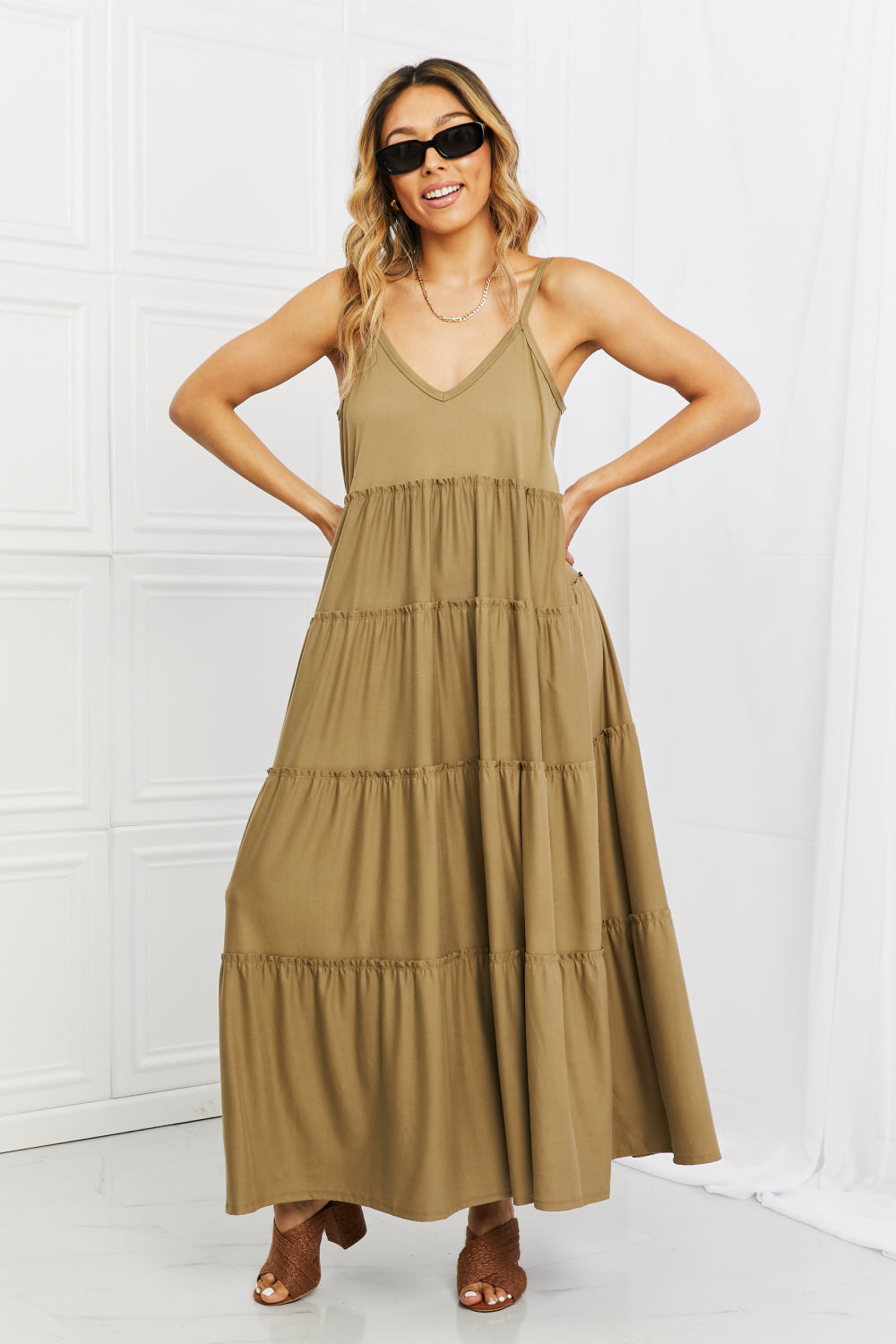 Tiered Dress with Pockets in Khaki