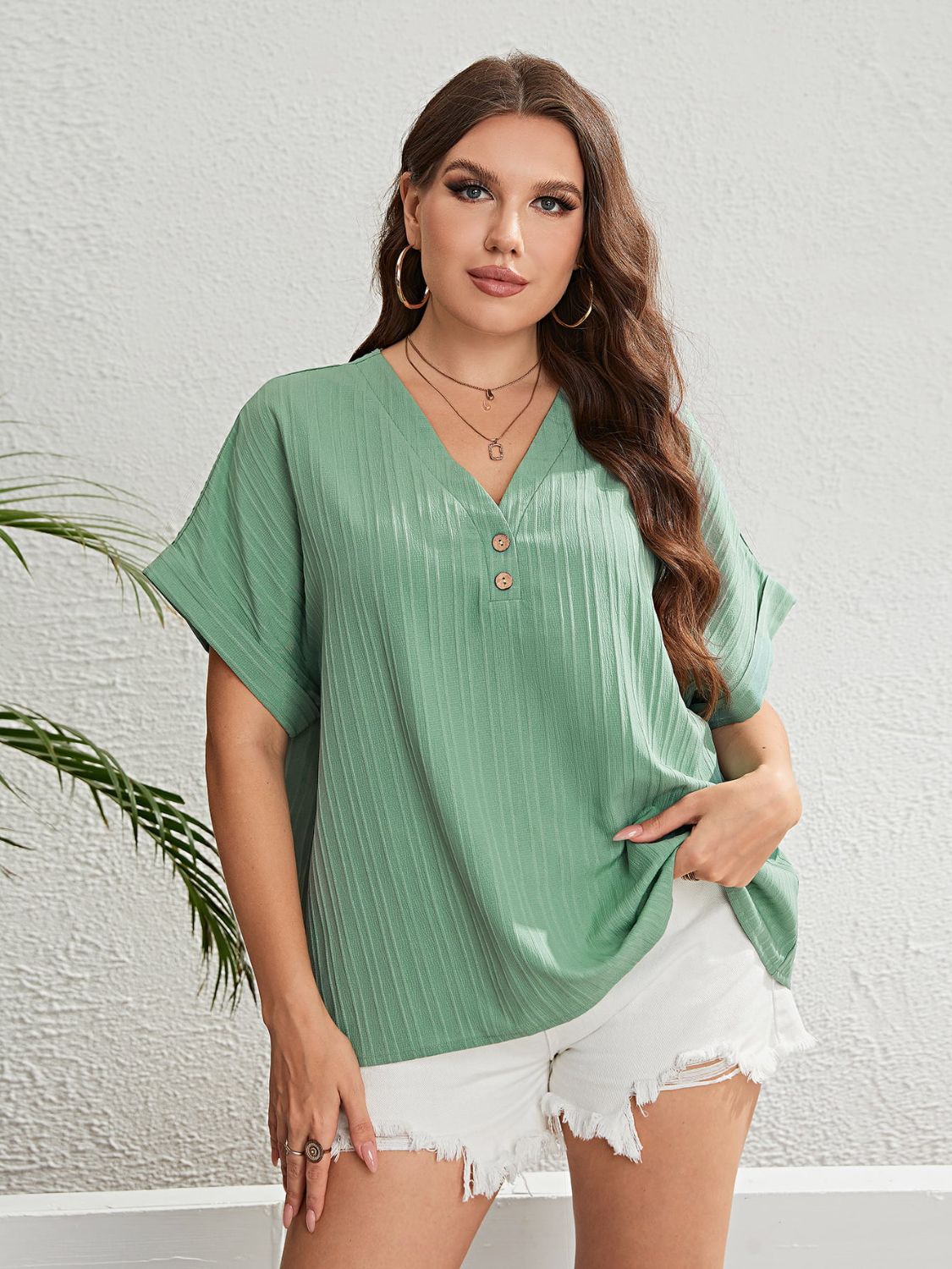 Curves Buttoned V-Neck Short Sleeve Top