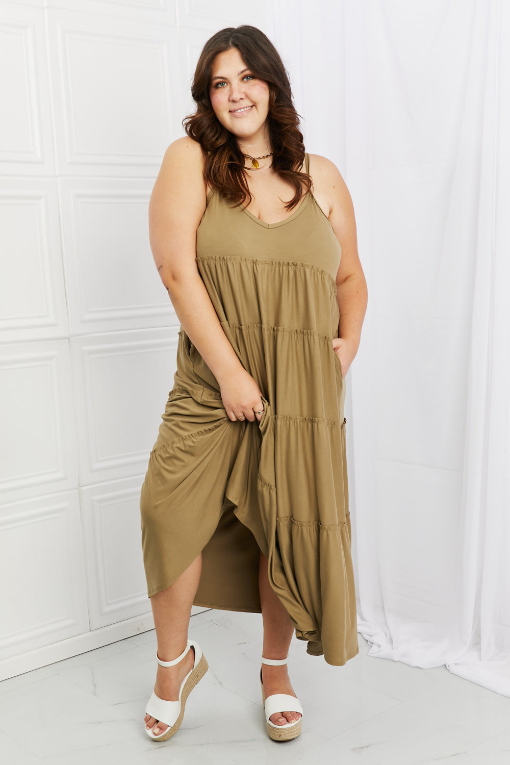 Tiered Dress with Pockets in Khaki