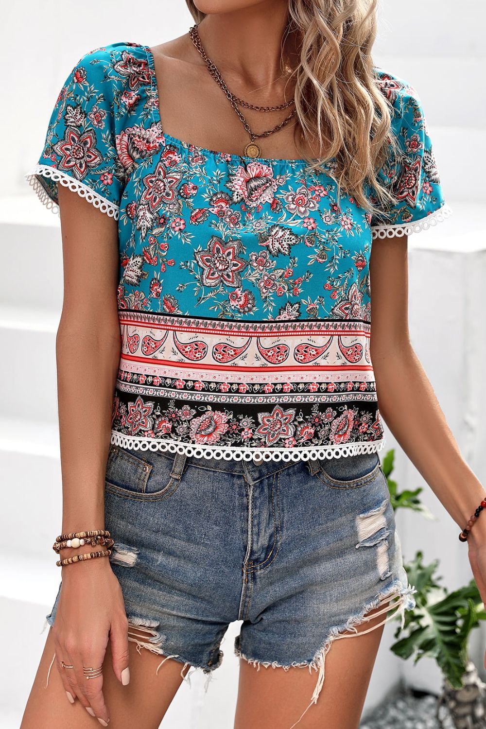 Keepin it Boho Square Neck Short Sleeve Top