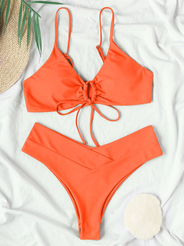 Solid Color Textured Underwire Bikini And Button Set
