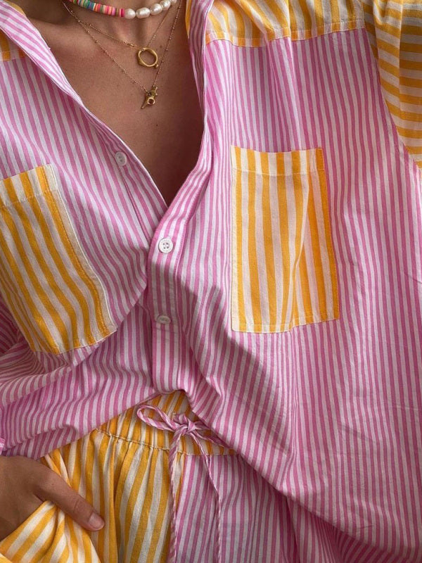 Coastal Stripe Shirt Matching Drawstring Shorts