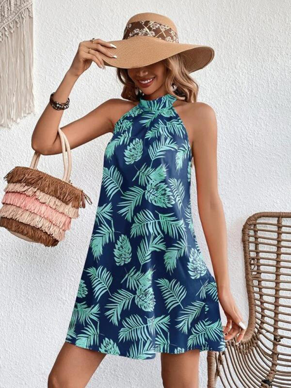 Coastal Leaf Halter Sleeveless Dress